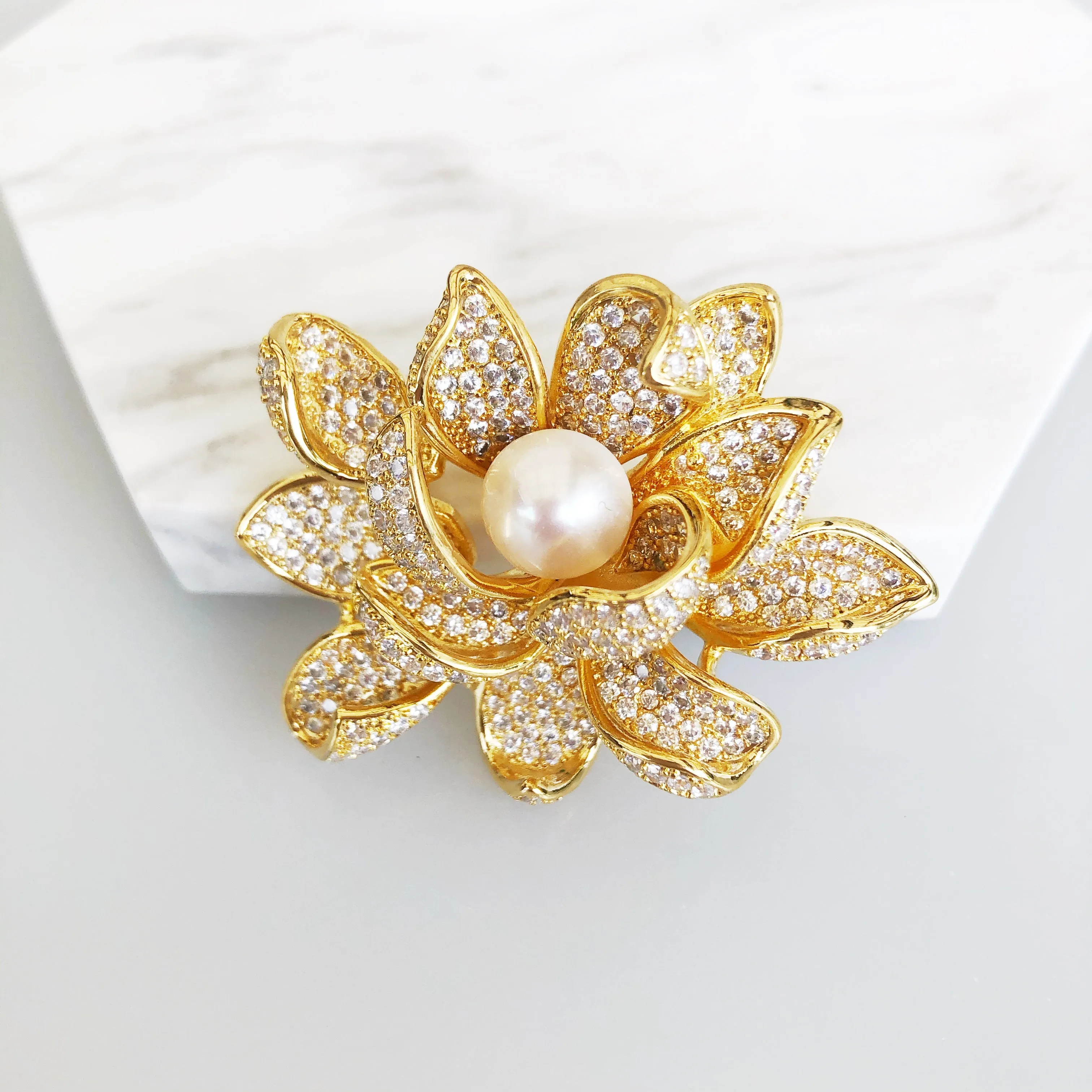 Gold Plated Lotus Zircon Brooch Pendant