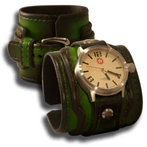 Green Stressed Layered Leather Cuff Watch with 42mm