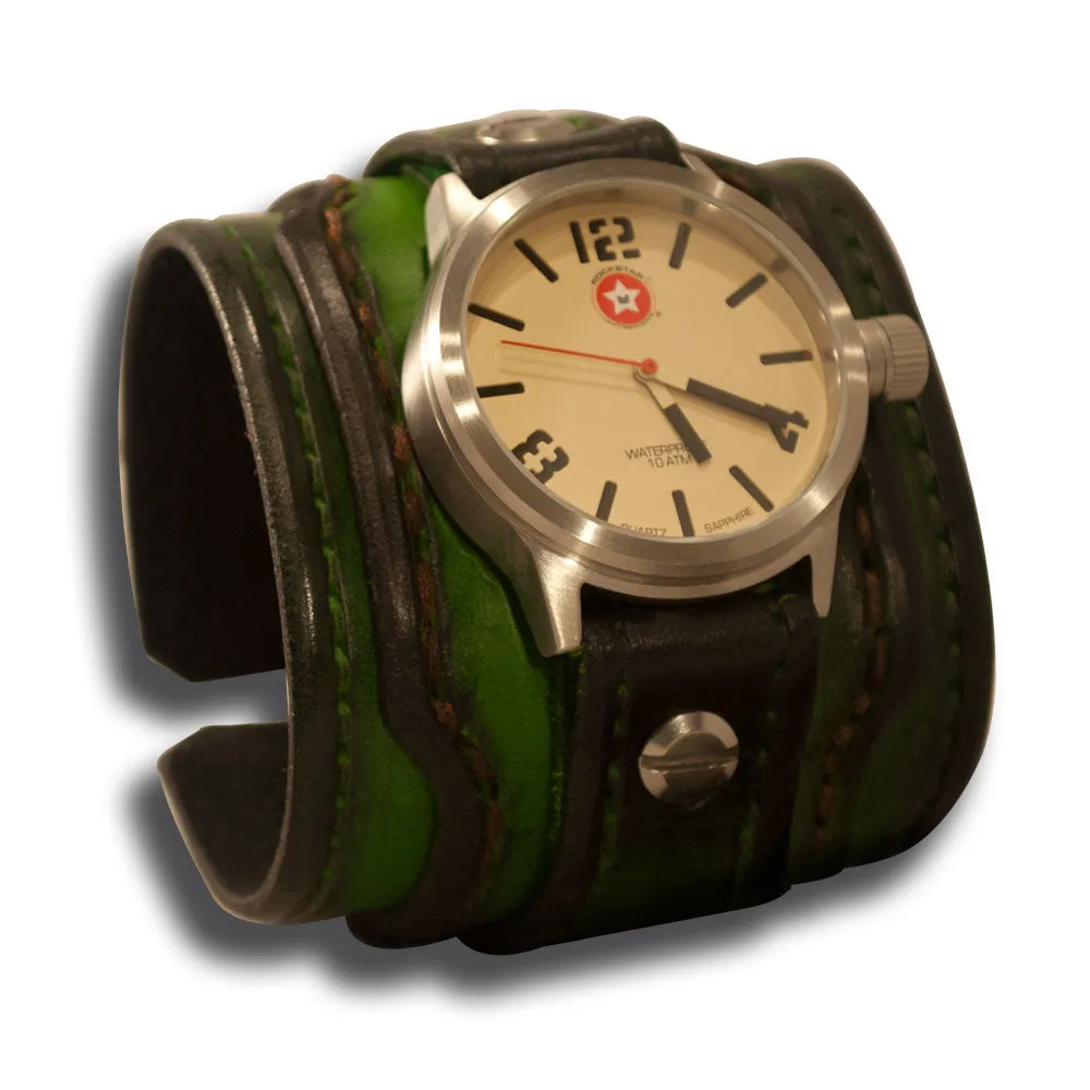 Green Stressed Layered Leather Cuff Watch with 42mm