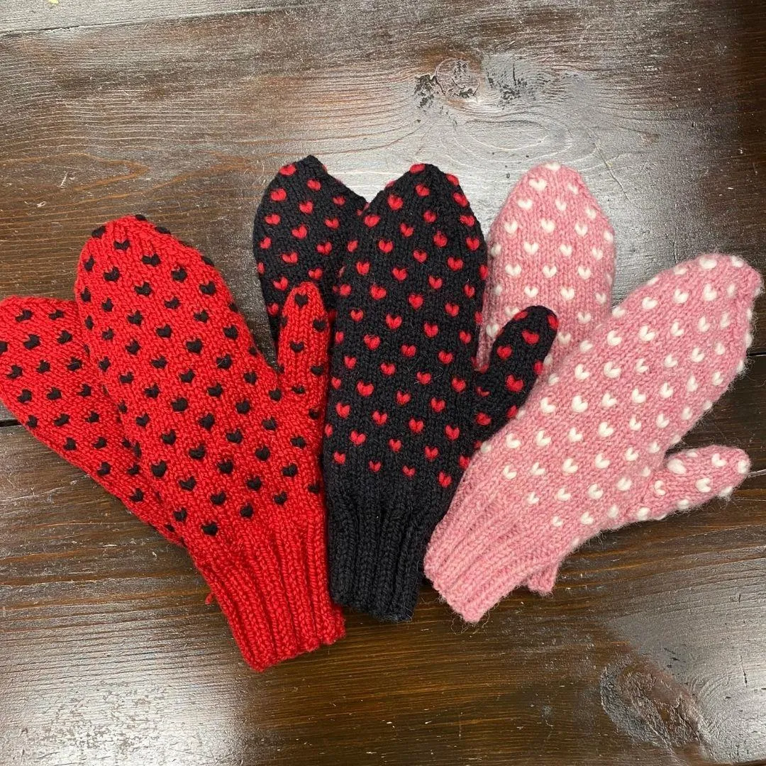 Hand Knit Wool Thrummed Mittens | Pink with White