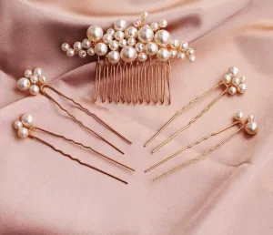 Handmade 5 Piece Set Pearls Wedding Hair Comb Bridal Hair Pins  Hair Jewelry Accessories