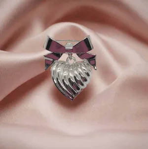 KJL Silver Tone Puffed Heart and Bow Brooch