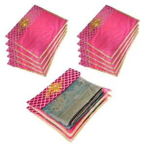 Kuber Industries Saree Cover | Clothes Storage Bag | Single Packing Saree with Velcro | Wardrobe Organizer | Cloth Stoarge Organizer | Check Jama Brooch-Design | Pack of 12 | Pink