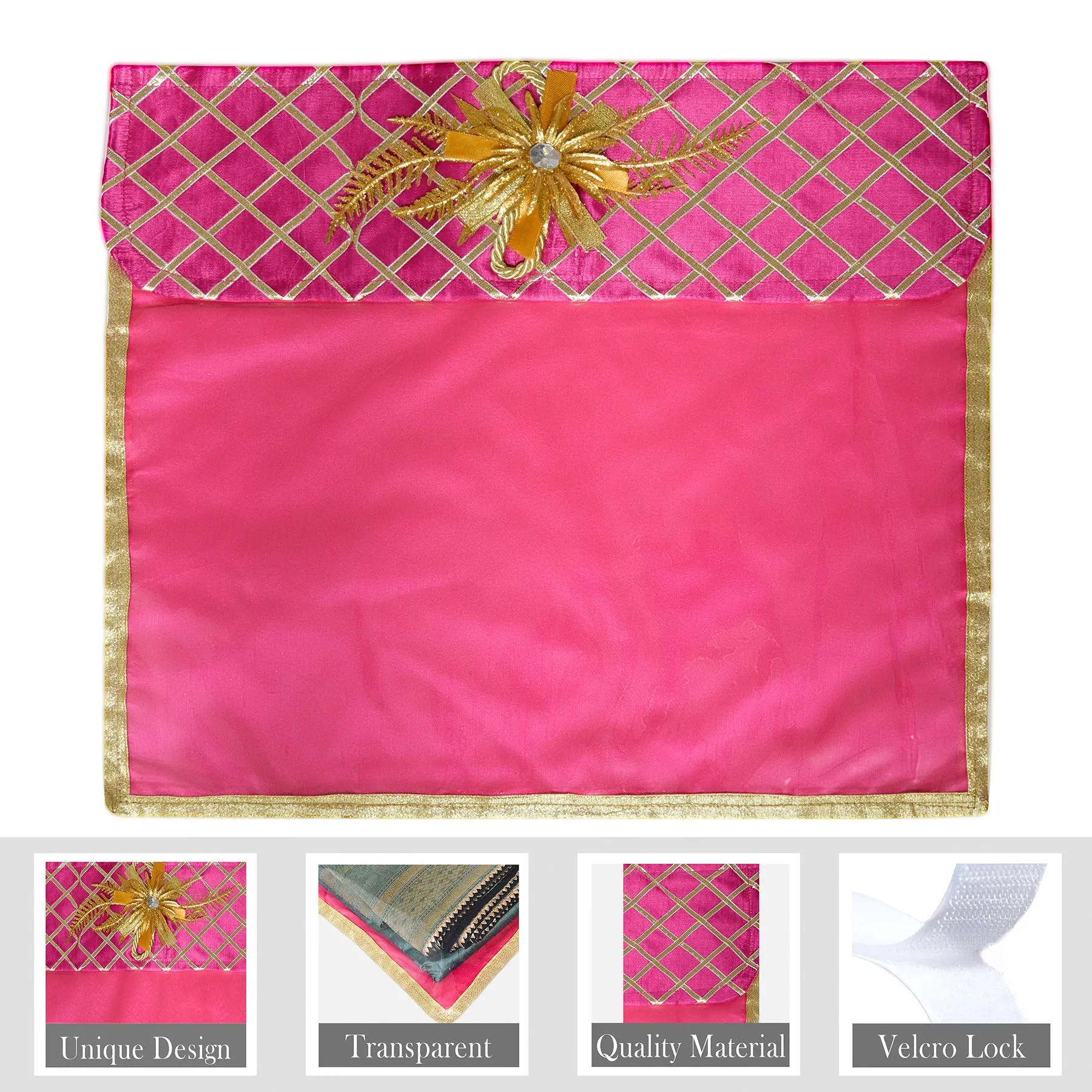 Kuber Industries Saree Cover | Clothes Storage Bag | Single Packing Saree with Velcro | Wardrobe Organizer | Cloth Stoarge Organizer | Check Jama Brooch-Design | Pack of 12 | Pink