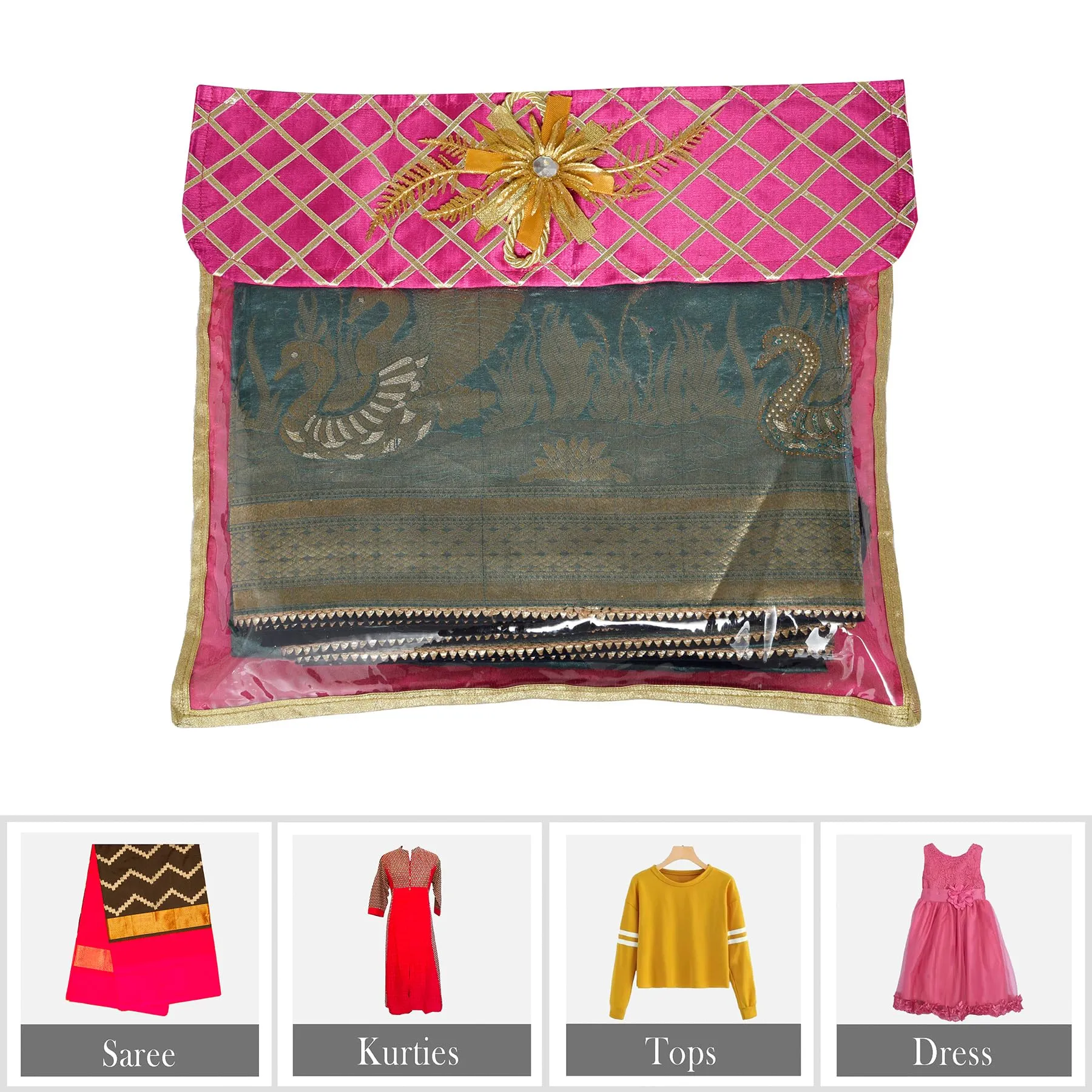 Kuber Industries Saree Cover | Clothes Storage Bag | Single Packing Saree with Velcro | Wardrobe Organizer | Cloth Stoarge Organizer | Check Jama Brooch-Design | Pack of 12 | Pink