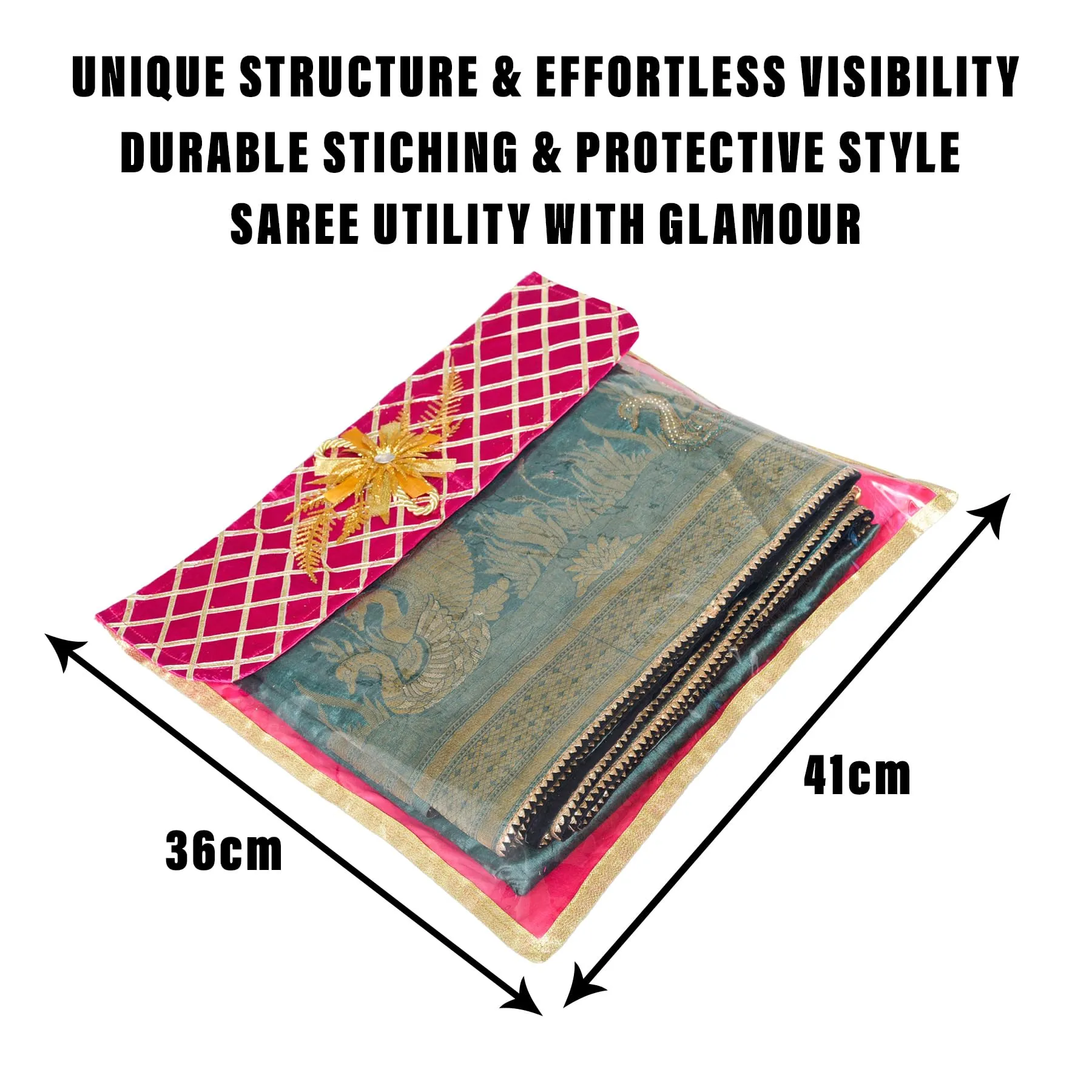 Kuber Industries Saree Cover | Clothes Storage Bag | Single Packing Saree with Velcro | Wardrobe Organizer | Cloth Stoarge Organizer | Check Jama Brooch-Design | Pack of 12 | Pink