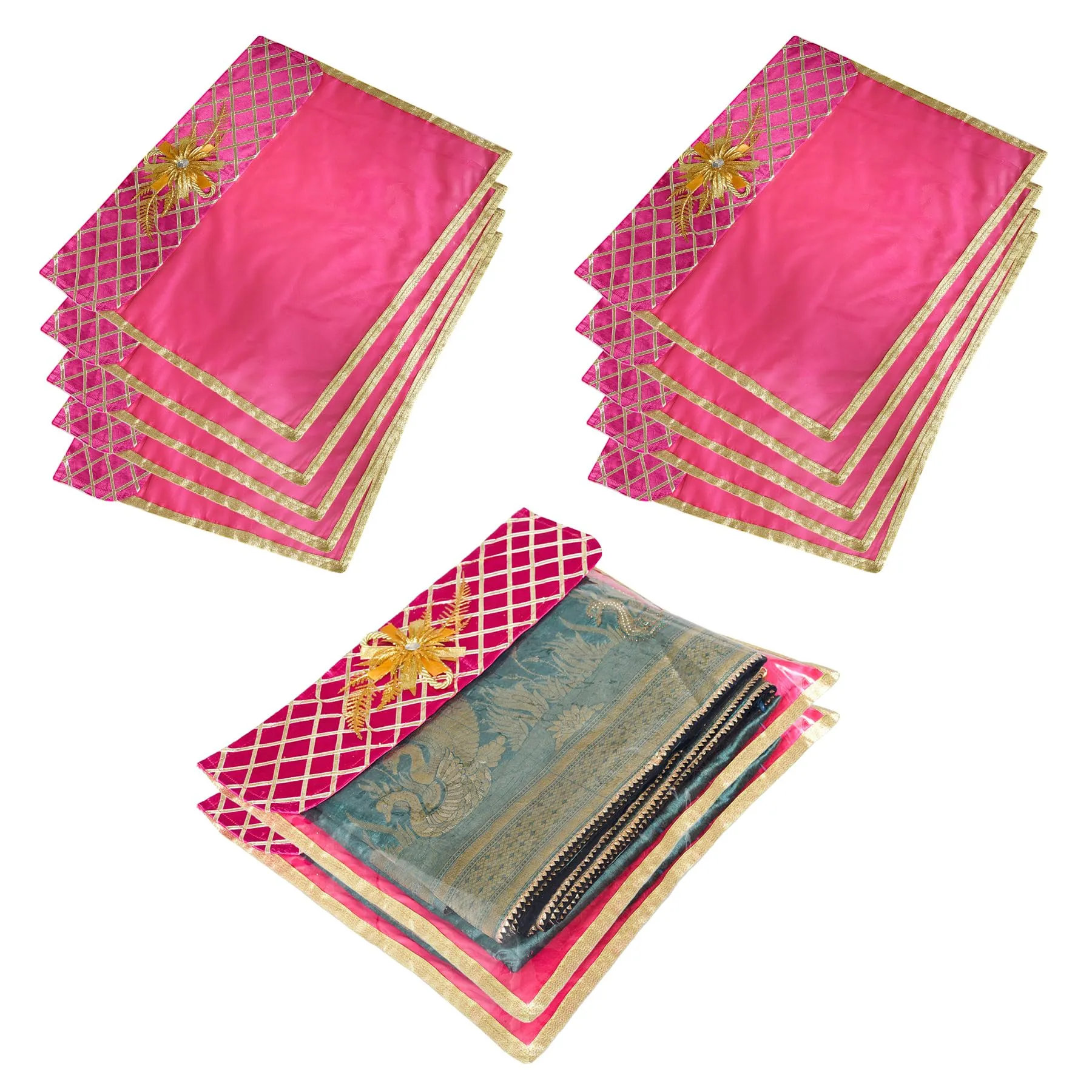 Kuber Industries Saree Cover | Clothes Storage Bag | Single Packing Saree with Velcro | Wardrobe Organizer | Cloth Stoarge Organizer | Check Jama Brooch-Design | Pack of 12 | Pink