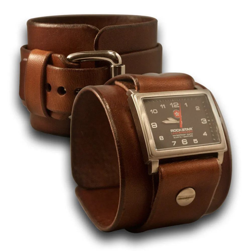 Light Brown Leather Cuff Watch - Stainless 42mm, Sapphire