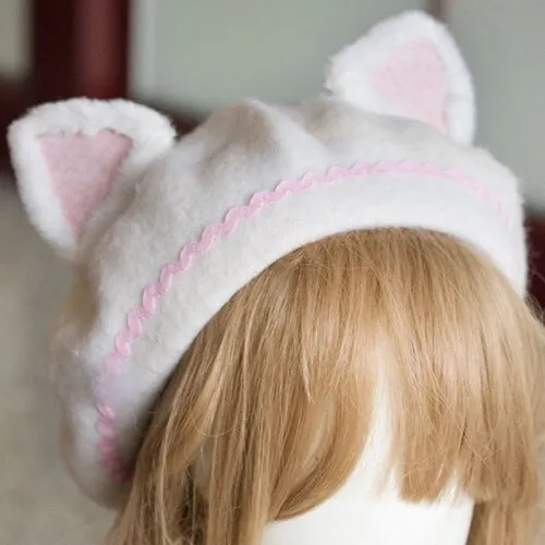 Lovely Women's Cat Ear Berets Cute Mori Girl Wool Berets for Winter Pink White