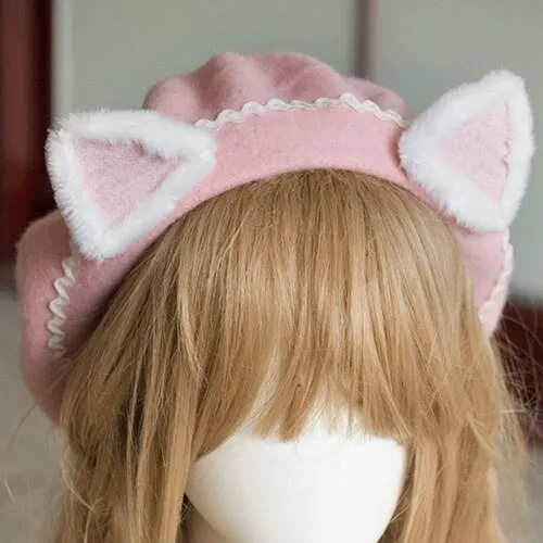 Lovely Women's Cat Ear Berets Cute Mori Girl Wool Berets for Winter Pink White