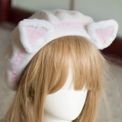 Lovely Women's Cat Ear Berets Cute Mori Girl Wool Berets for Winter Pink White