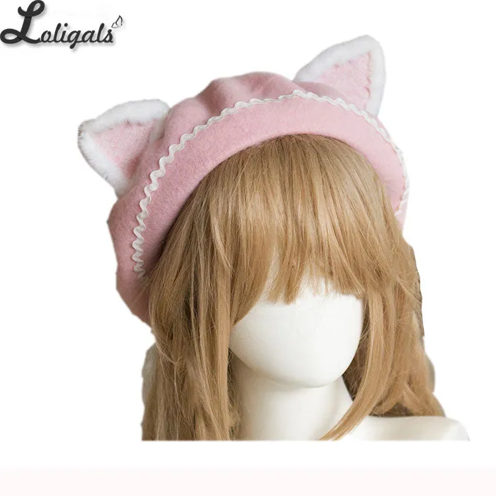 Lovely Women's Cat Ear Berets Cute Mori Girl Wool Berets for Winter Pink White