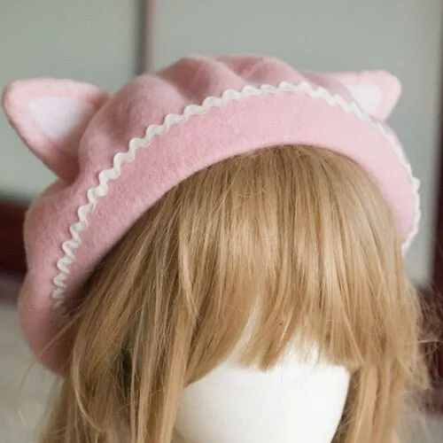 Lovely Women's Cat Ear Berets Cute Mori Girl Wool Berets for Winter Pink White