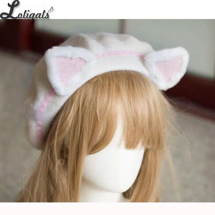 Lovely Women's Cat Ear Berets Cute Mori Girl Wool Berets for Winter Pink White