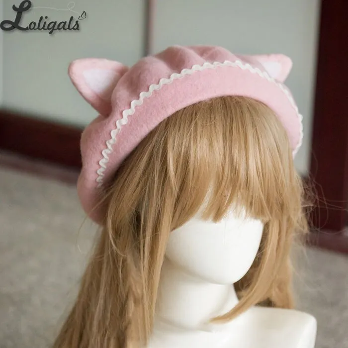 Lovely Women's Cat Ear Berets Cute Mori Girl Wool Berets for Winter Pink White