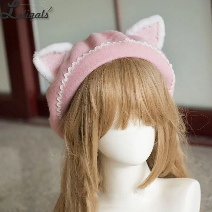 Lovely Women's Cat Ear Berets Cute Mori Girl Wool Berets for Winter Pink White