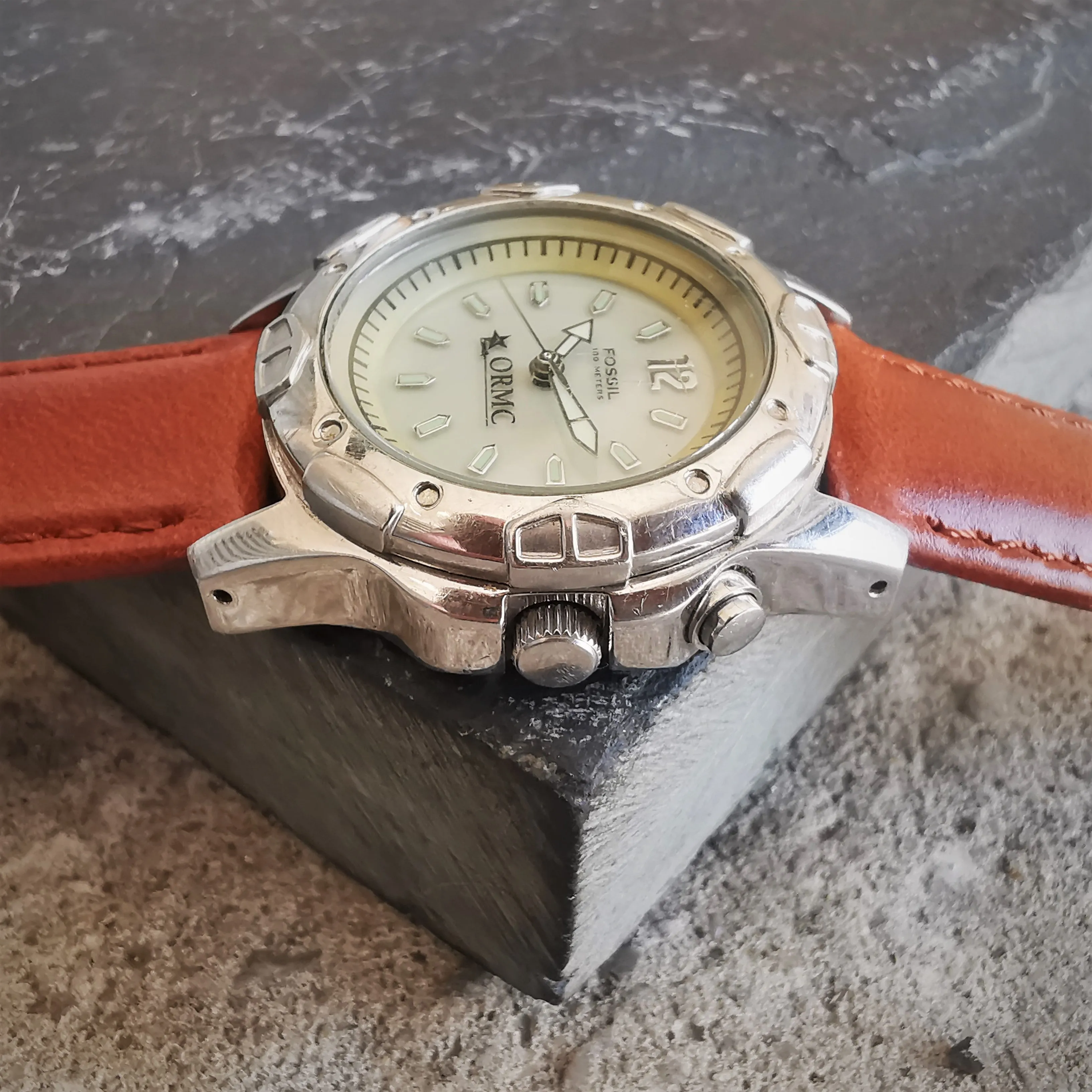 Men's Vintage Fossil Stainless Steel Quartz Watch // New Genuine leather Strap