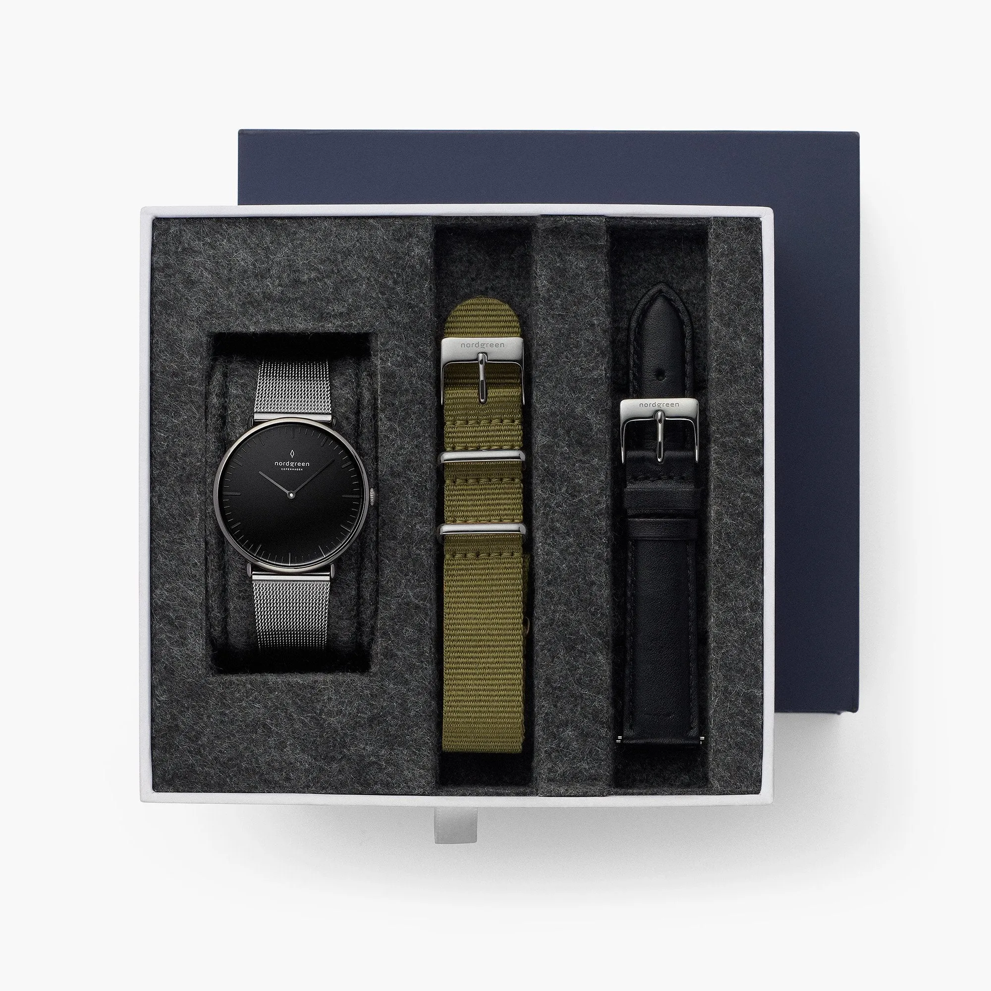 Native - BUNDLE Black Dial Gun Metal | Gun Metal Mesh / Olive Green Nylon / Black Leather Strap