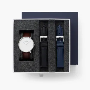 Native - BUNDLE White Dial Silver | Dark Brown Leather / Black Leather / Navy Leather Strap