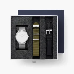 Native - BUNDLE White Dial Silver | Silver Mesh / Olive Green Nylon / Black Leather Strap