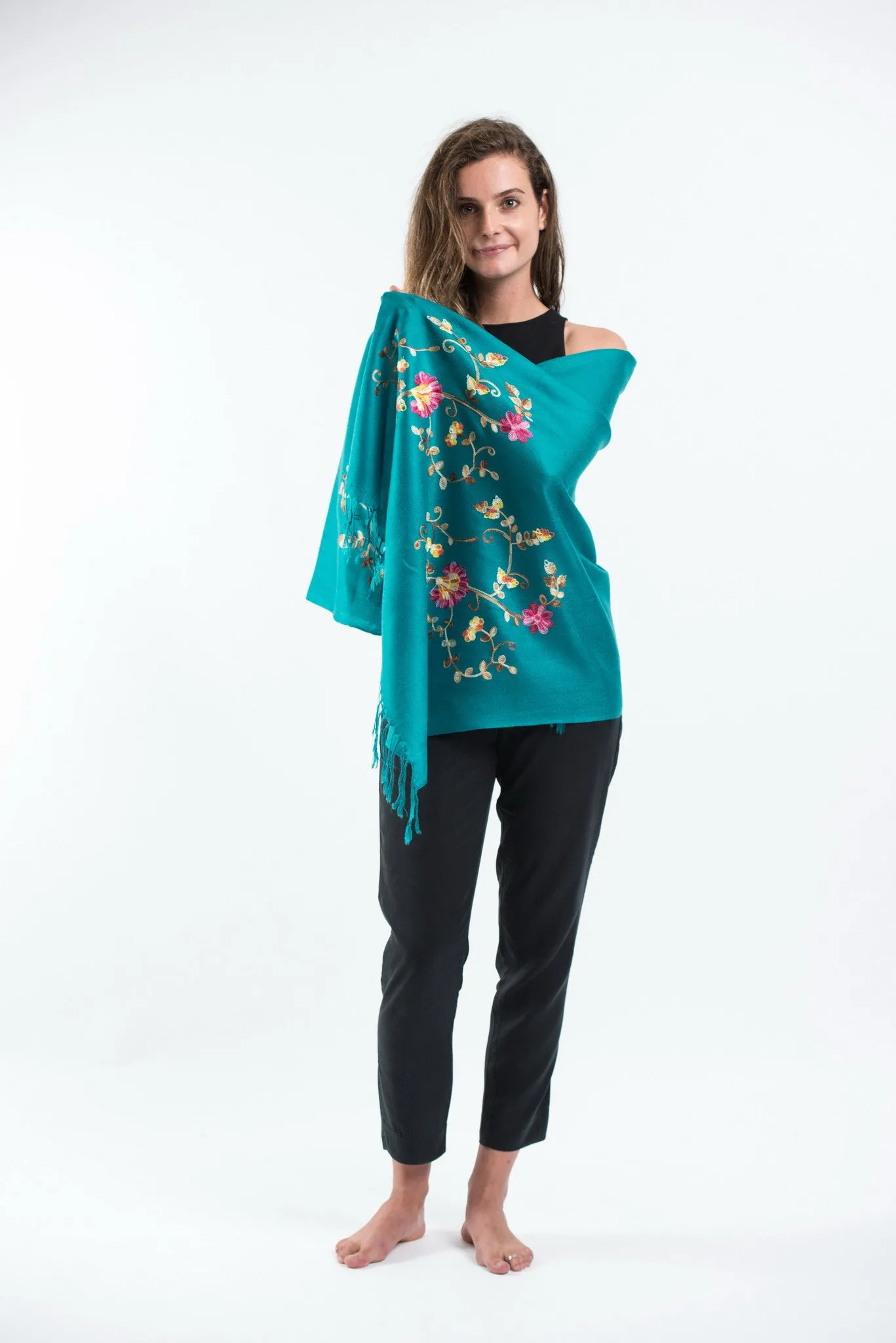 Nepal Floral Embroidered Pashmina Shawl Scarf in Turquoise