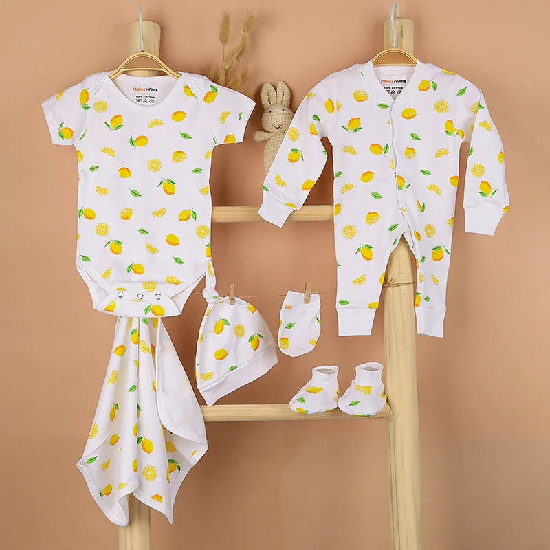 New Born Baby Essential Gift Set | Organic Cotton | Printed Lemon | Set of 6