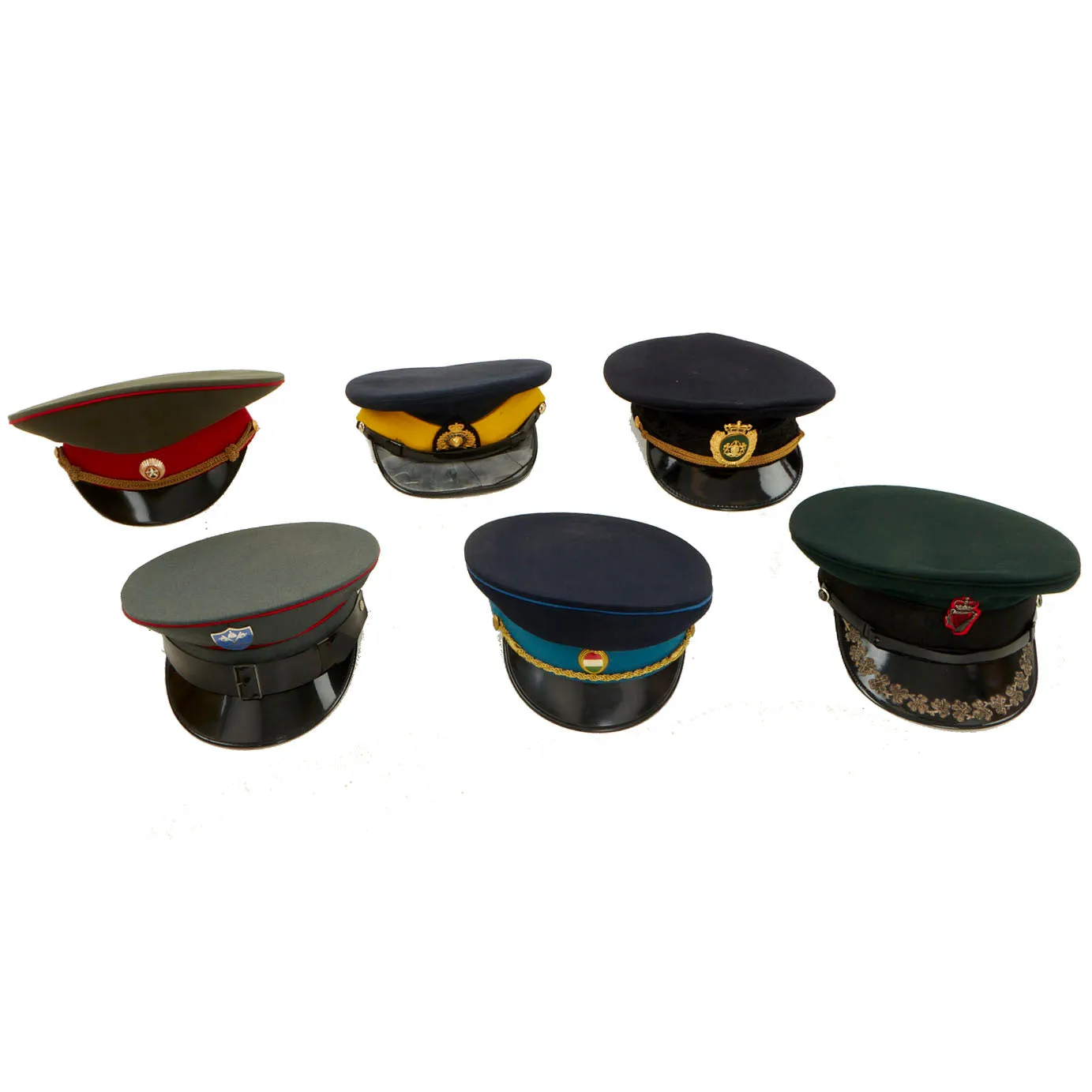 Original European Nations Military and Police Visor Lot - Formerly Part the Tower of London Yeoman Warders Club Collection - 6 Items