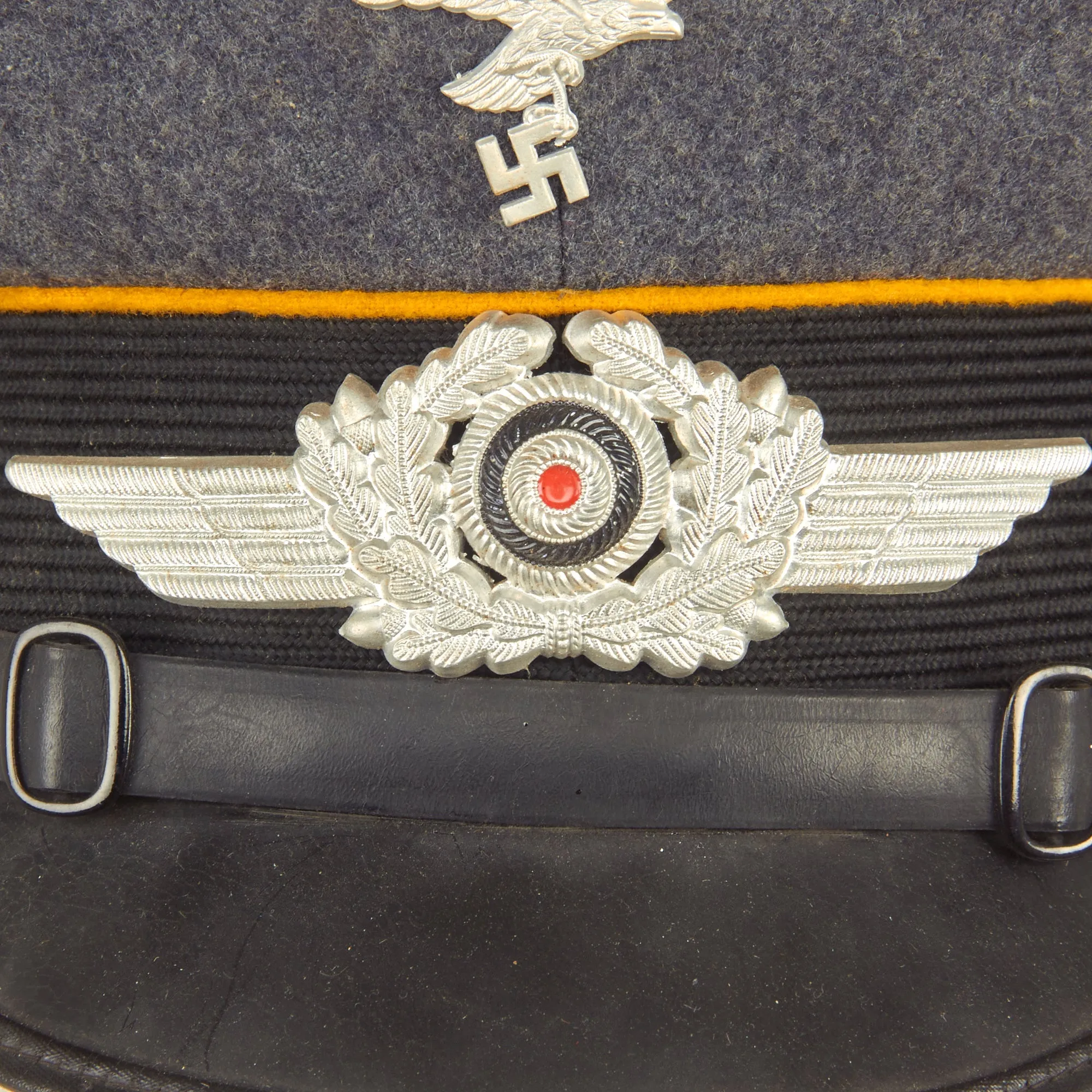 Original German WWII Luftwaffe Flight Branch 56cm EM/NCO Schirmmütze Visor Cap by EREL with Flight Group Marking - dated 1938