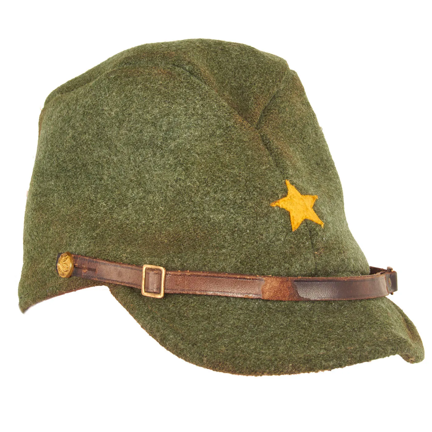 Original Japanese WWII Imperial Japanese Army Officer Green Wool Forage Cap with Kanji Ink Stamps