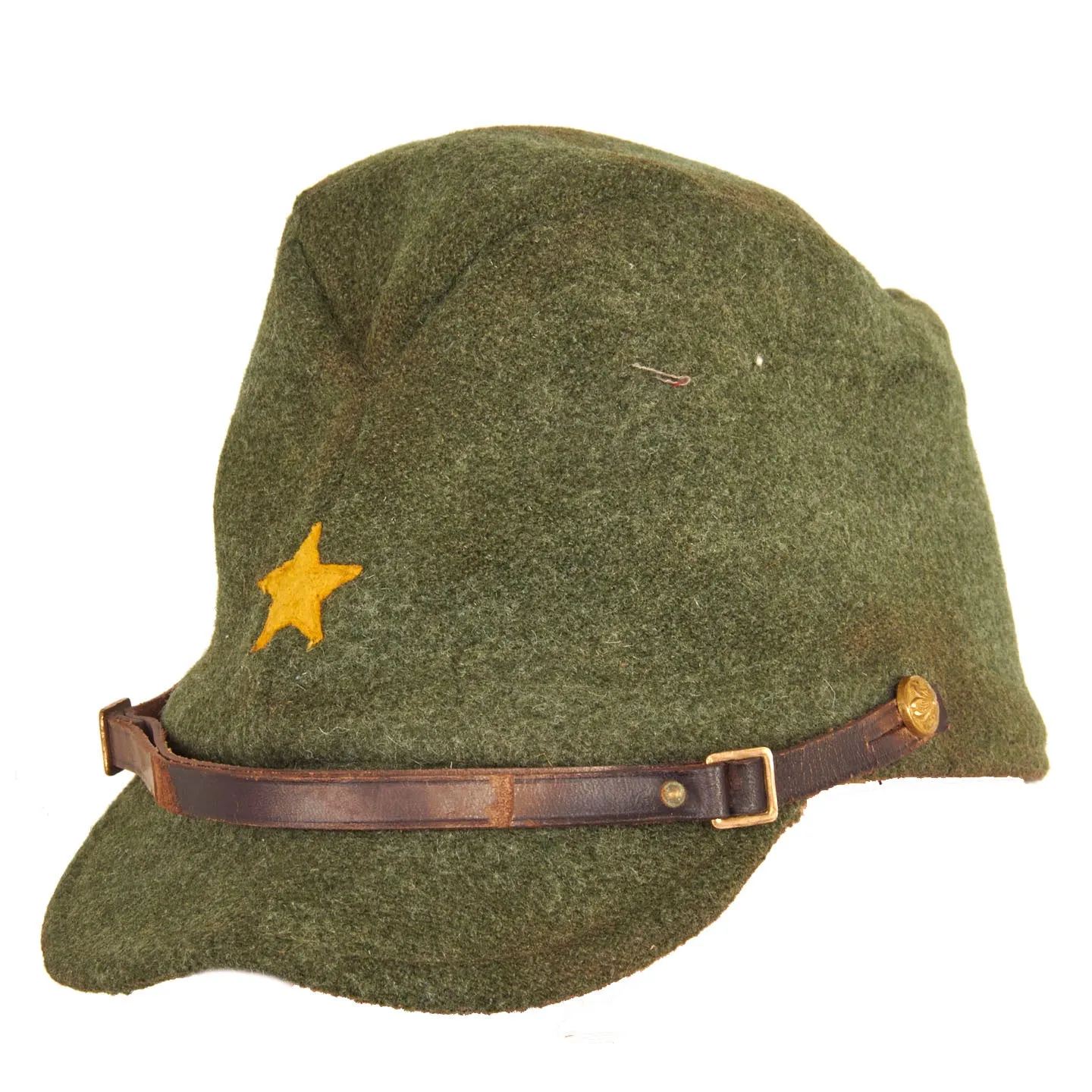 Original Japanese WWII Imperial Japanese Army Officer Green Wool Forage Cap with Kanji Ink Stamps