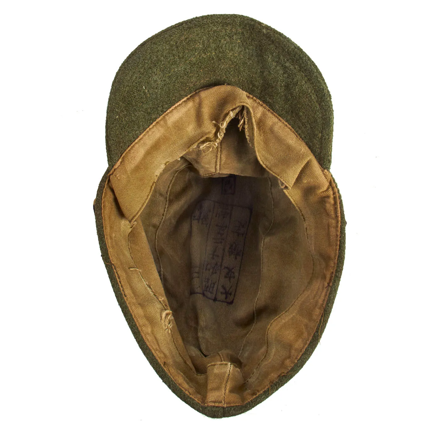 Original Japanese WWII Imperial Japanese Army Officer Green Wool Forage Cap with Kanji Ink Stamps