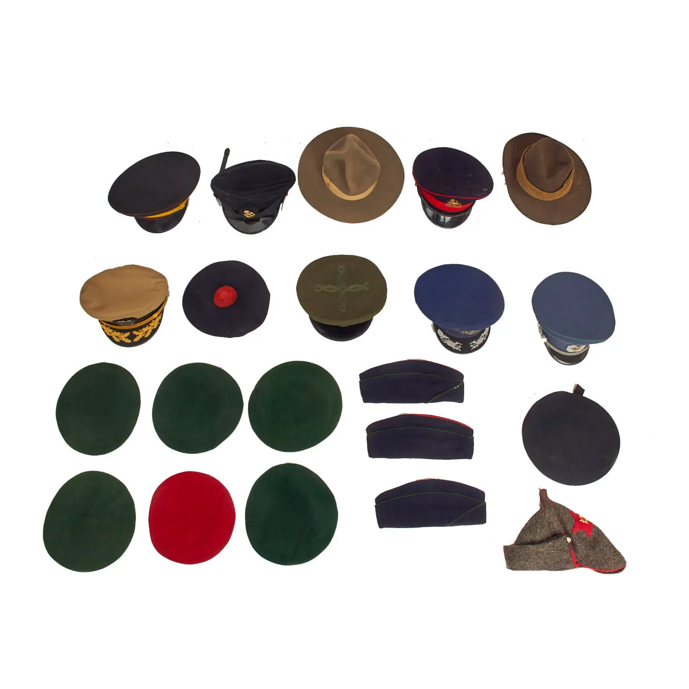 Original Post WWII American, European and Soviet Hat, Beret and Peaked Visor Lot - 20 Items