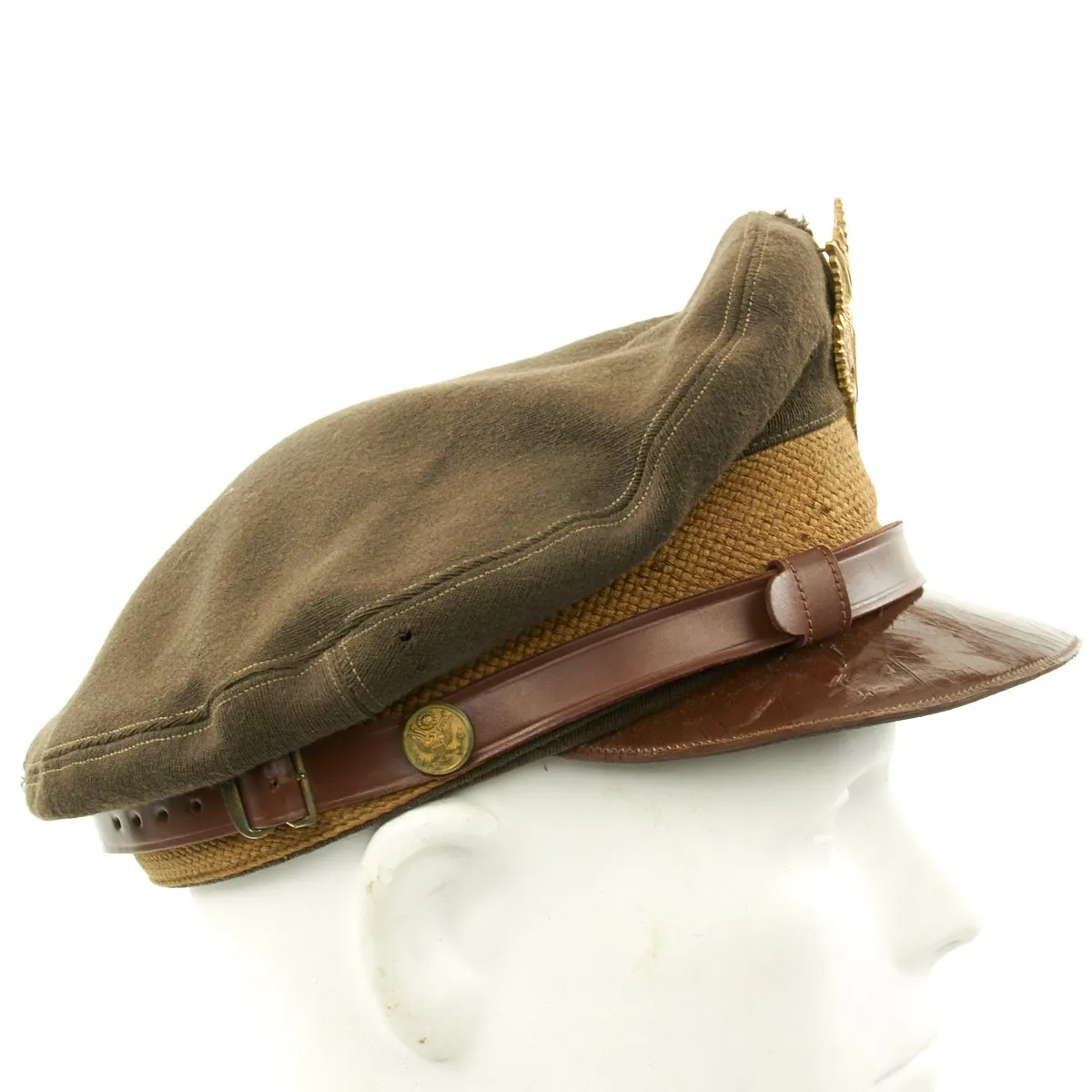 Original U.S. WWII USAAF Officer OD Green Crush Cap with Wicker Frame - Size 6 7/8