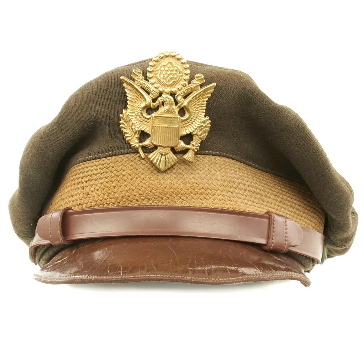 Original U.S. WWII USAAF Officer OD Green Crush Cap with Wicker Frame - Size 6 7/8