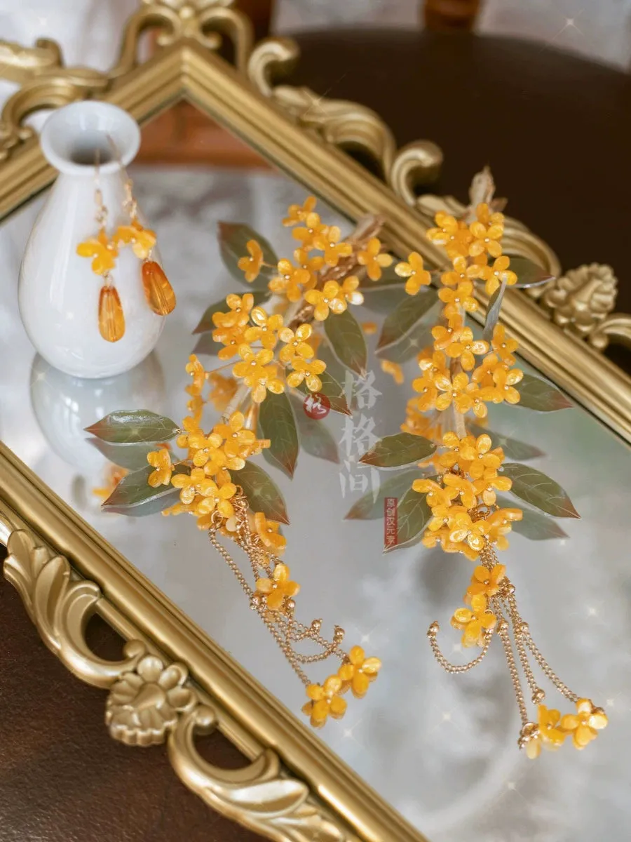 Osmanthus Branch 折桂枝 Handmade Hair Clips & Beaded Earrings