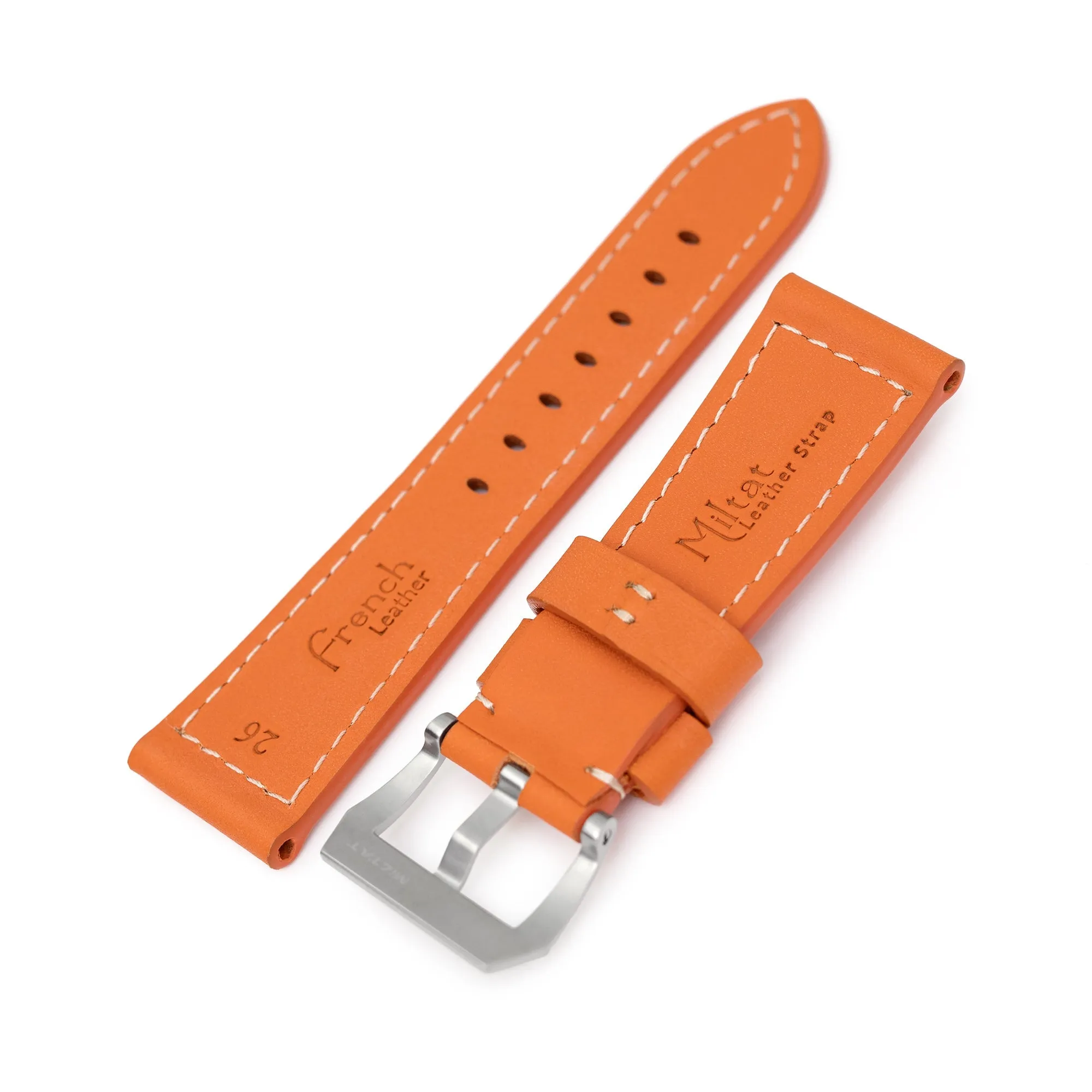 Pam Collection, Orange French Crafted Barenia Leather Strap for Panerai, Beige Stitch.