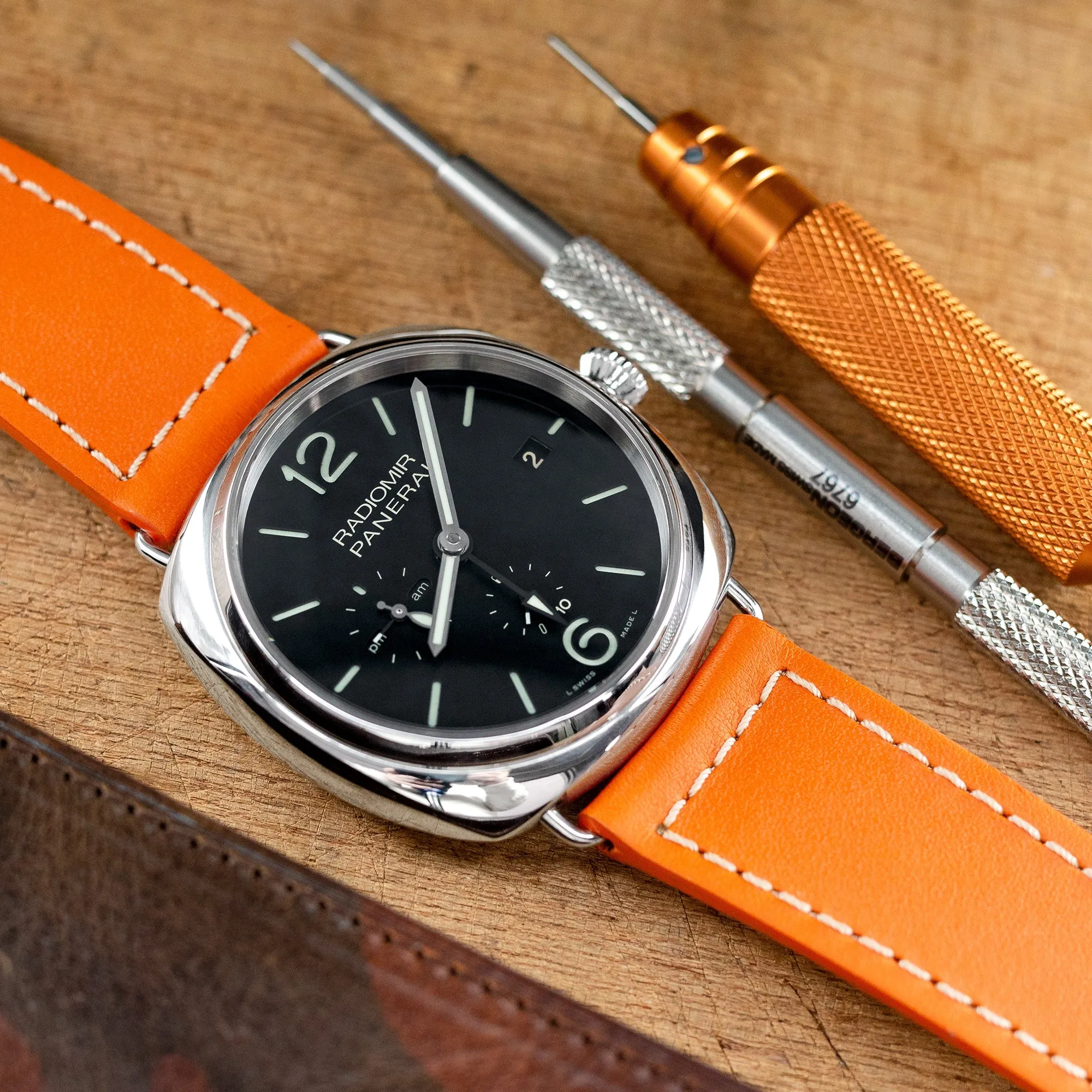 Pam Collection, Orange French Crafted Barenia Leather Strap for Panerai, Beige Stitch.