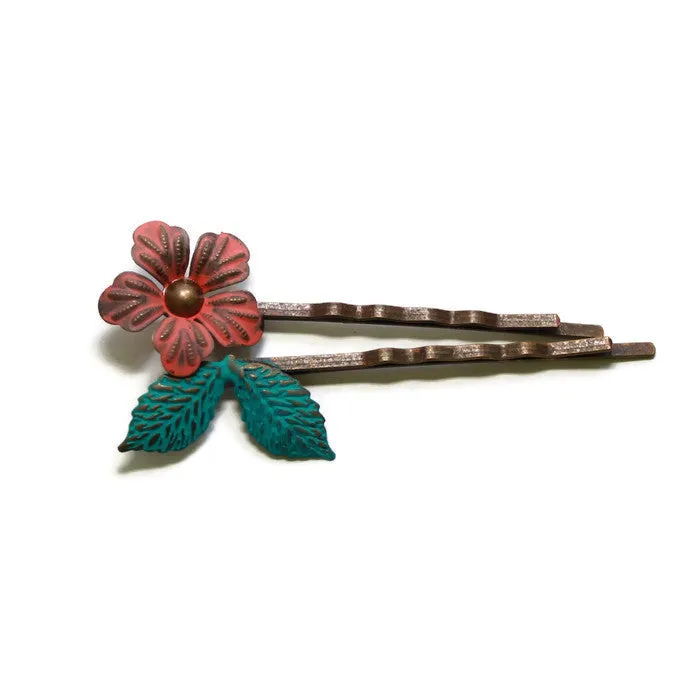 Perfect Bloom Bobby Pins (2 Pack) - Hand Painted Ornate Flower Leaf Filigree Bobby Pins