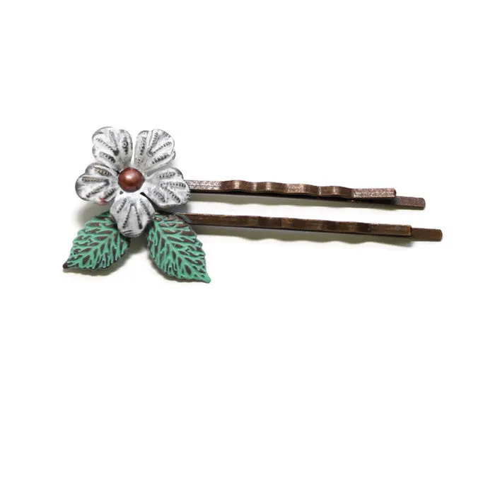 Perfect Bloom Bobby Pins (2 Pack) - Hand Painted Ornate Flower Leaf Filigree Bobby Pins