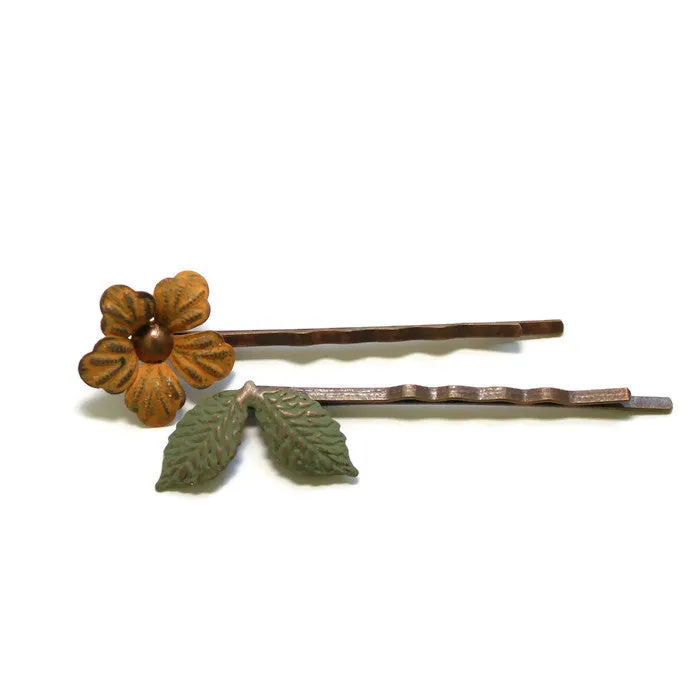 Perfect Bloom Bobby Pins (2 Pack) - Hand Painted Ornate Flower Leaf Filigree Bobby Pins