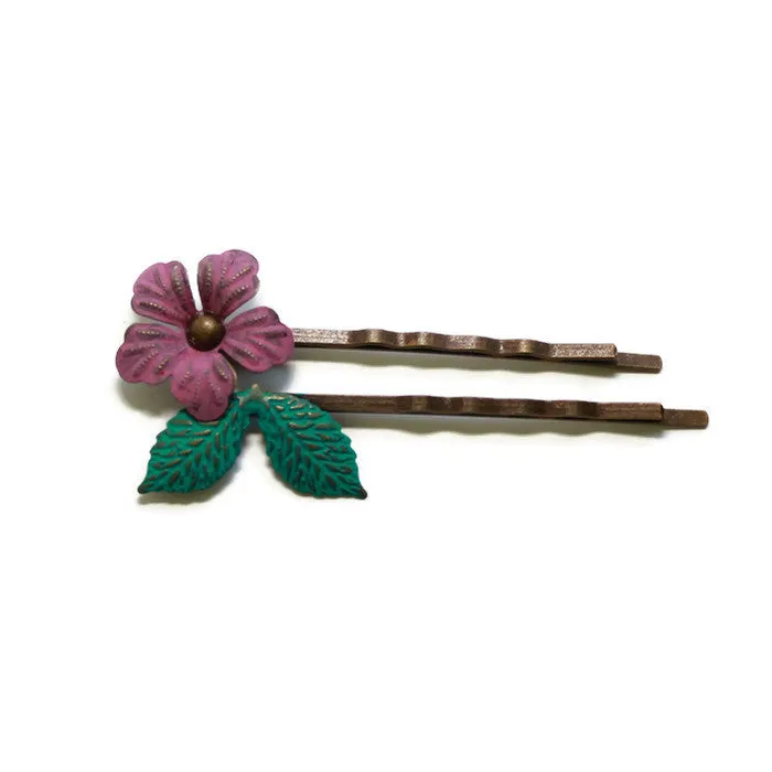 Perfect Bloom Bobby Pins (2 Pack) - Hand Painted Ornate Flower Leaf Filigree Bobby Pins