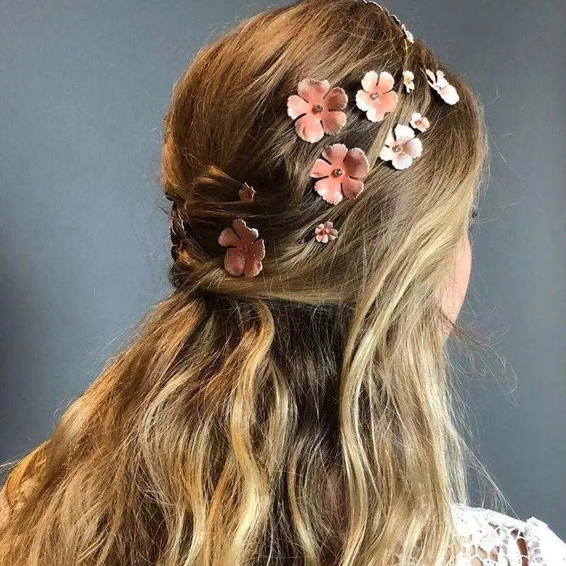 Pink Flower Hair Clips with a center rhinestone crystal