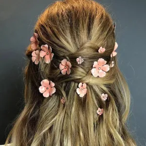 Pink Flower Hair Clips with a center rhinestone crystal