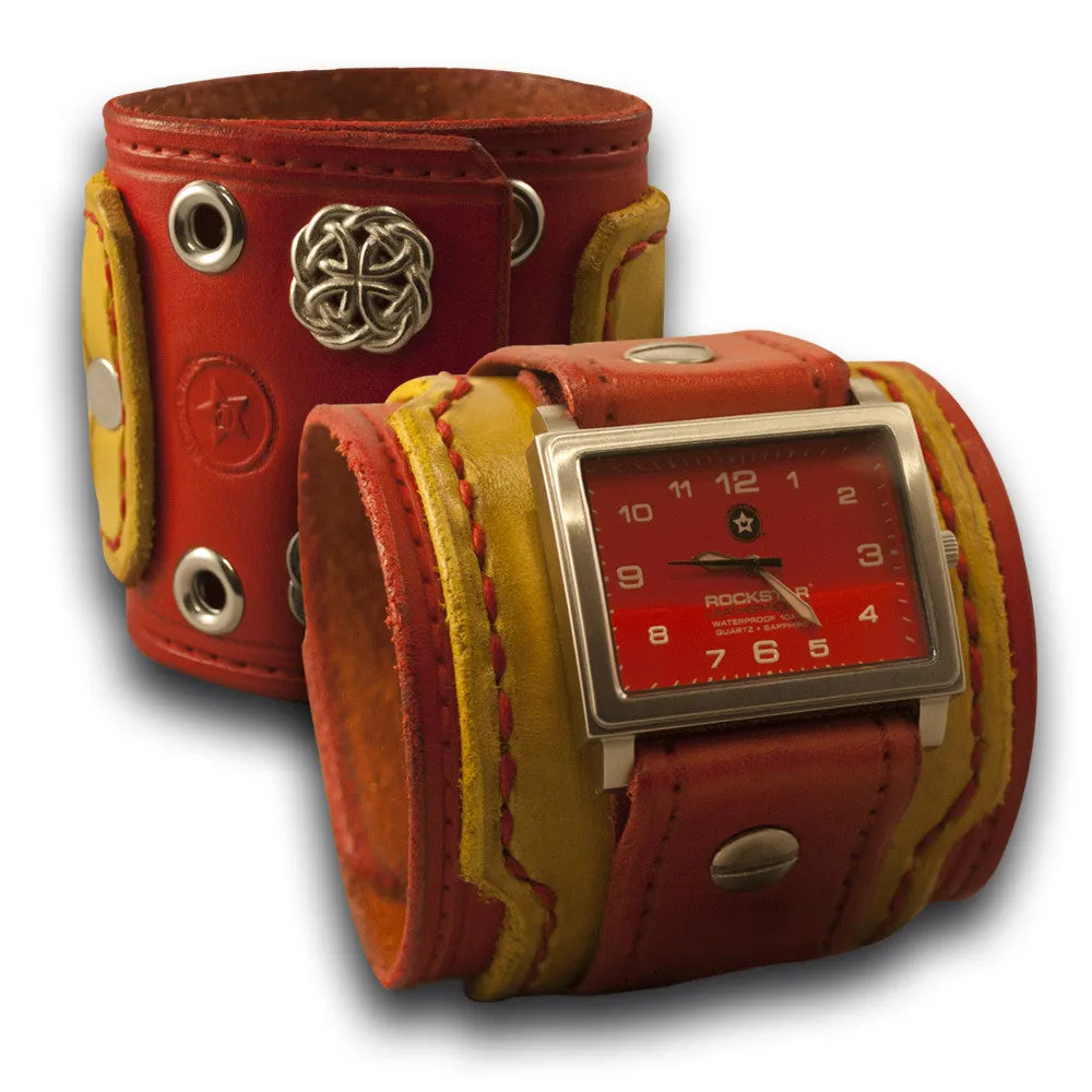 Red & Yellow Leather Layered Cuff Watch - Stainless Sapphire