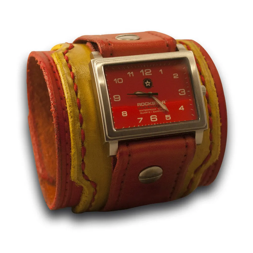 Red & Yellow Leather Layered Cuff Watch - Stainless Sapphire