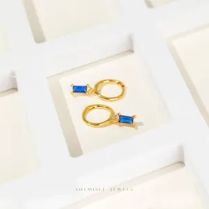 Sapphire Baguette CZ Drop Hoop Earrings, Huggies, Unisex, Gold, Silver SHEMISLI SH313