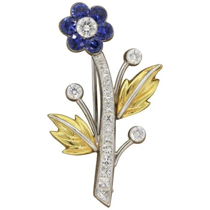 Sapphire Diamond Platinum Gold Flower Brooch