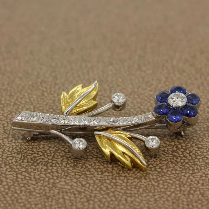 Sapphire Diamond Platinum Gold Flower Brooch