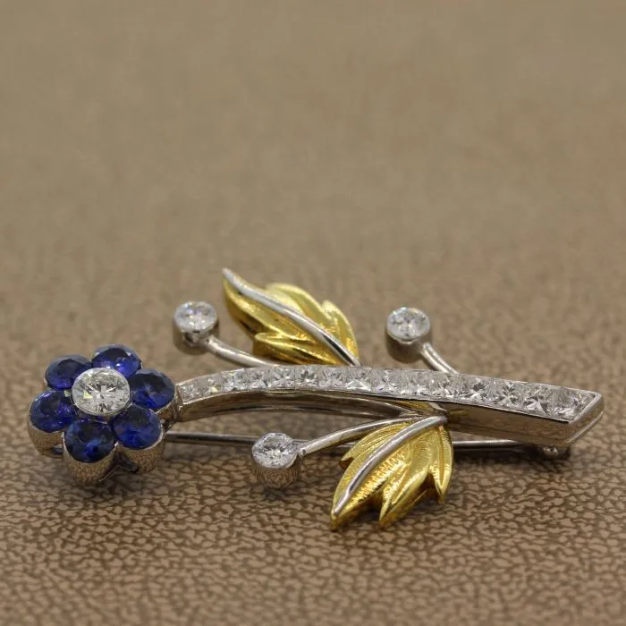 Sapphire Diamond Platinum Gold Flower Brooch