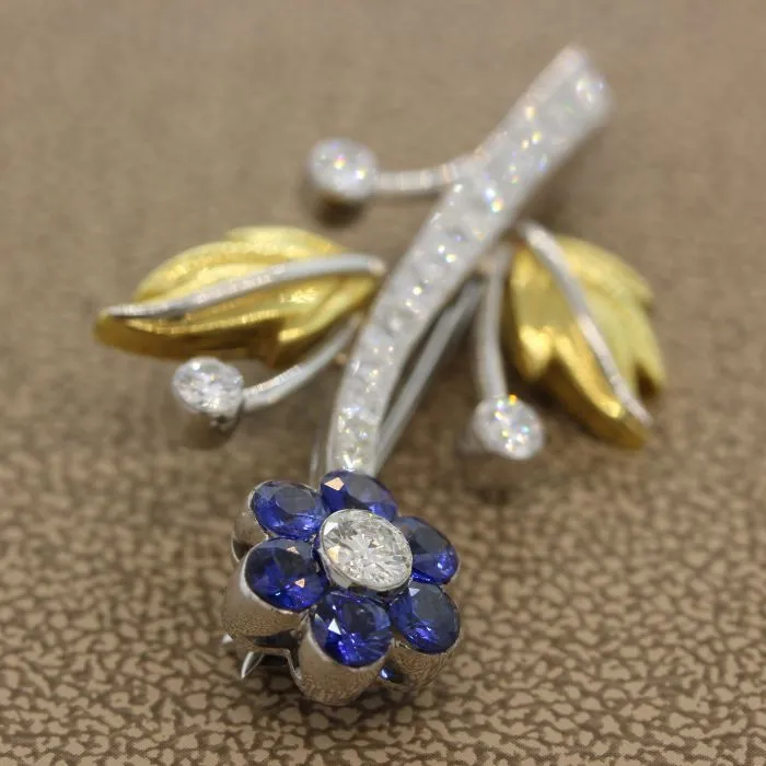 Sapphire Diamond Platinum Gold Flower Brooch